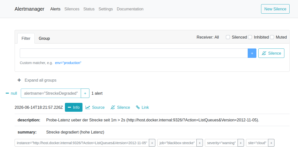 Alertmanager mit aktivem Alert StreckeDegraded, ausgelöst durch die erhöhte Probe-Latenz.